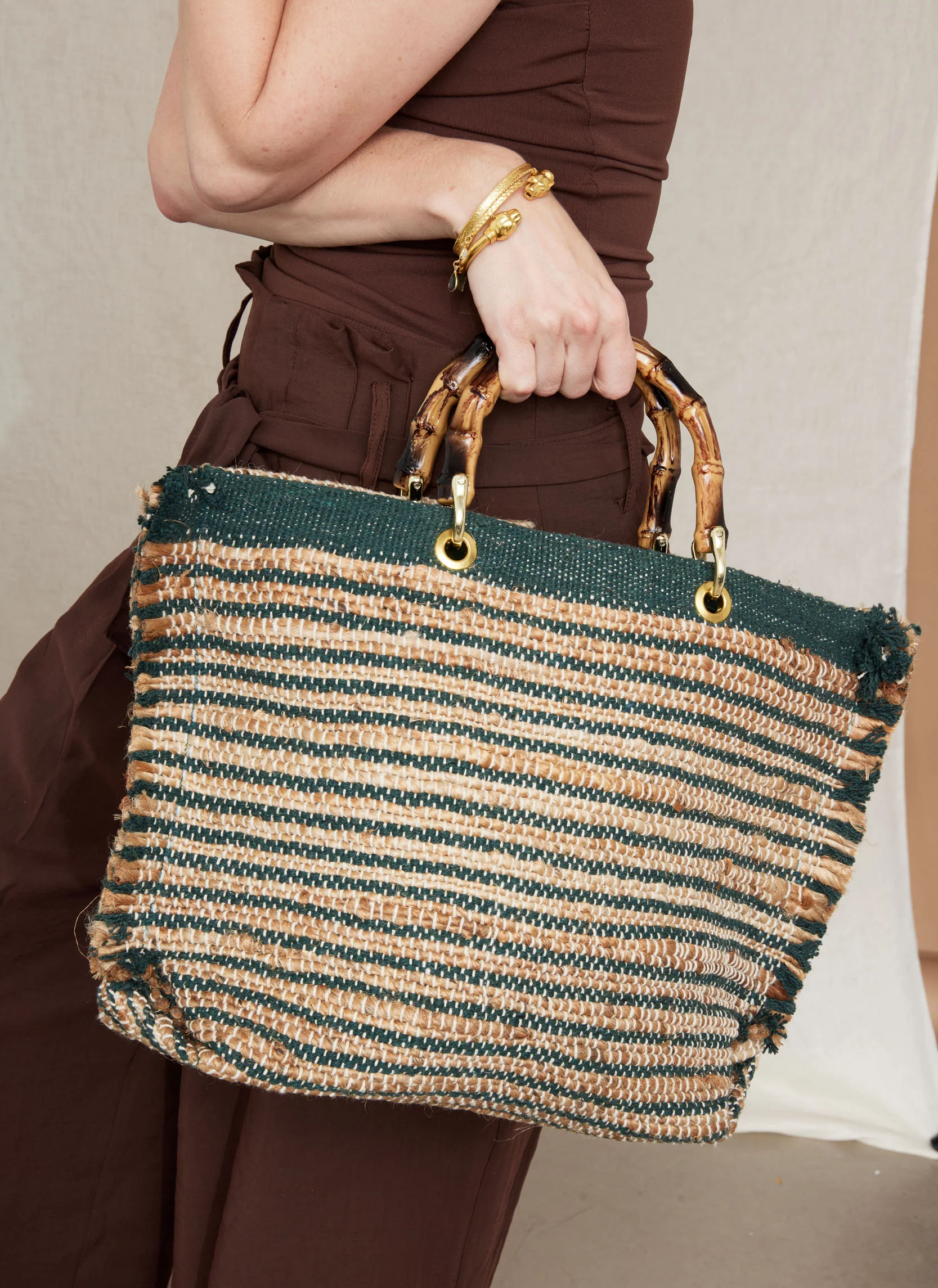Napoli Olive Stripe Jute Bag - Image 2