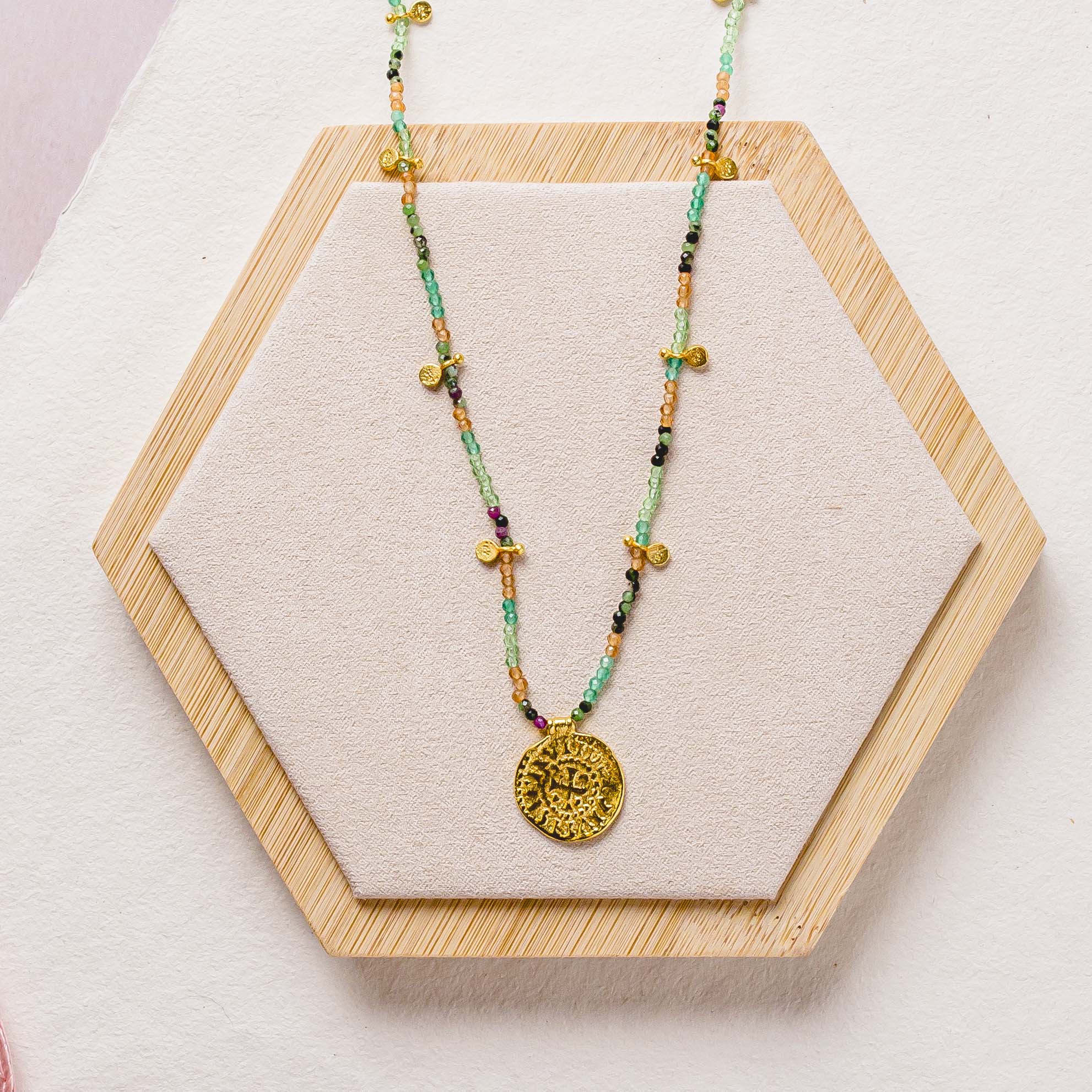 Bondi Beaded Coin Necklace Green - Image 3