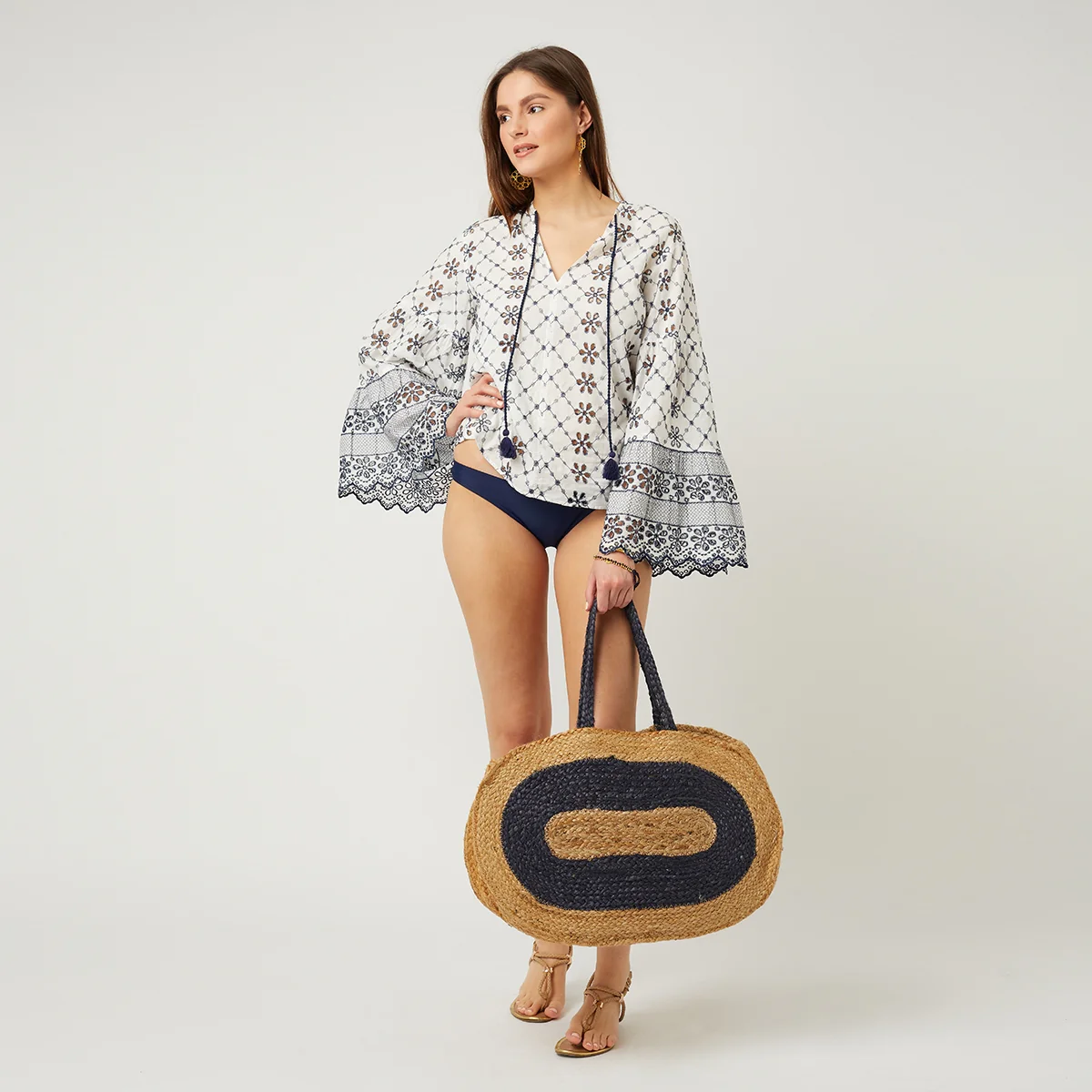 Capri Jute Beach Bag Navy - Image 2