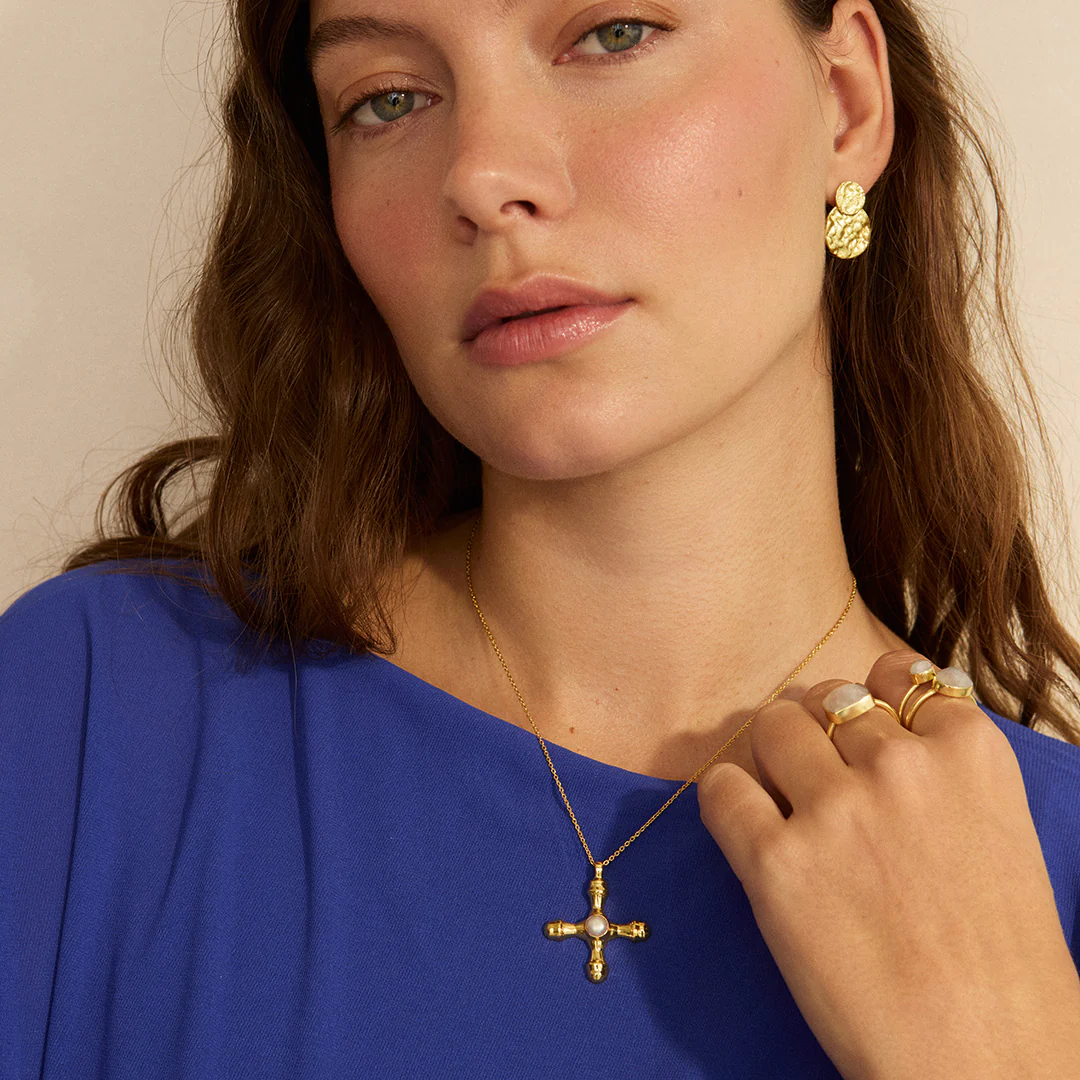 Clemente Gold Pearl Cross Pendant Necklace - Image 2