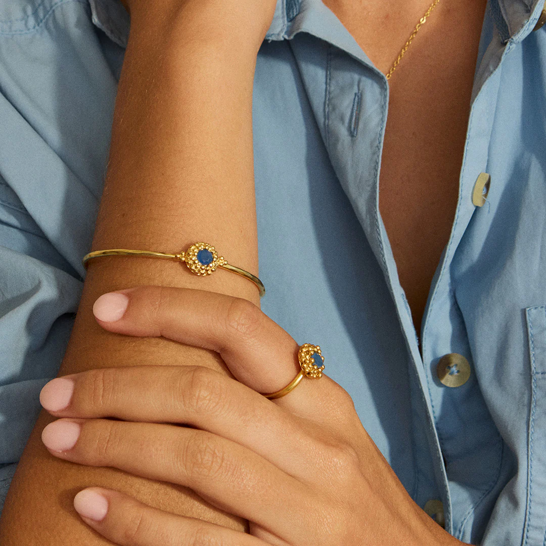 Maine Gemstone Flower Charm Bangle Blue - Image 2