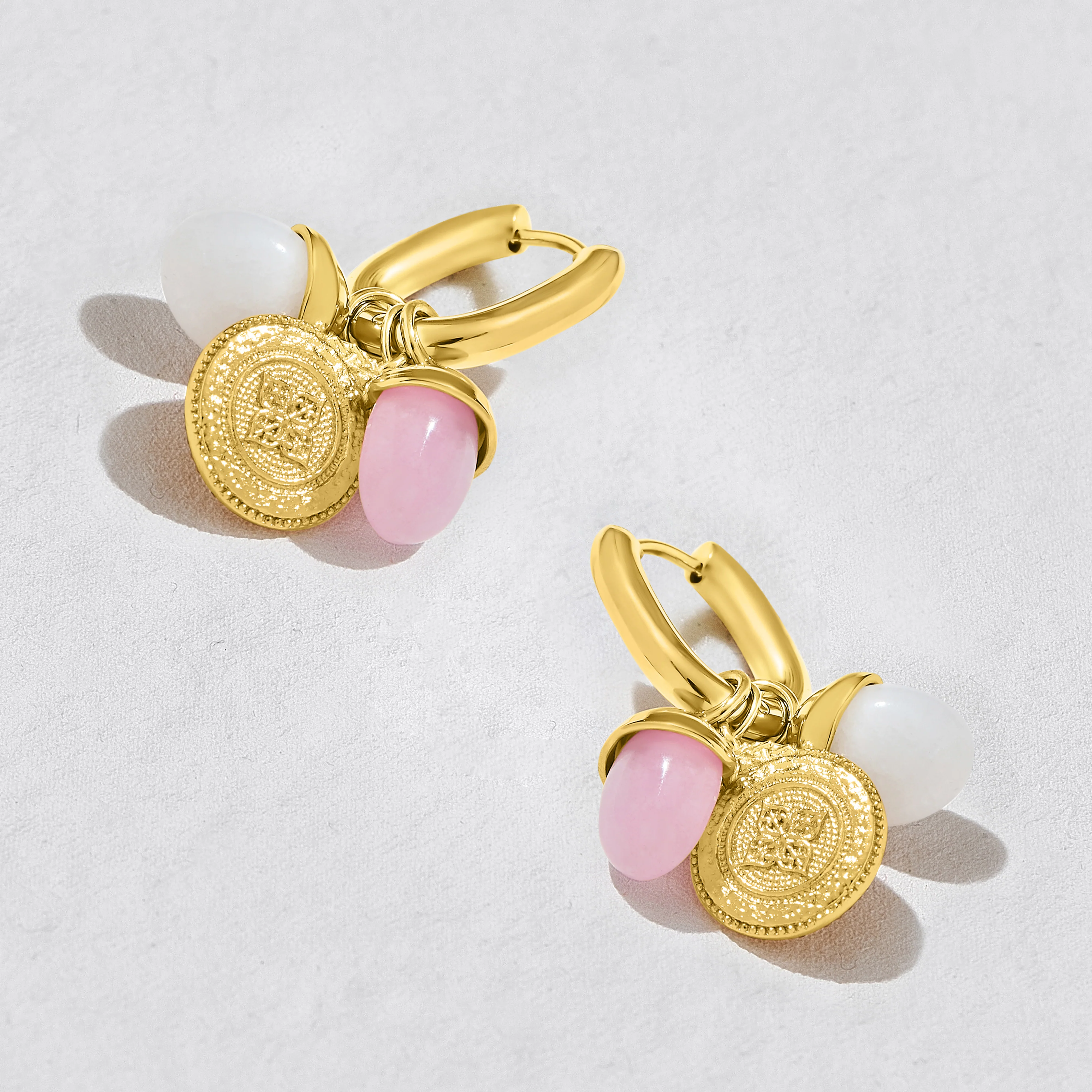 Oasis Gemstone Charm Hoop Earrings Pink And White